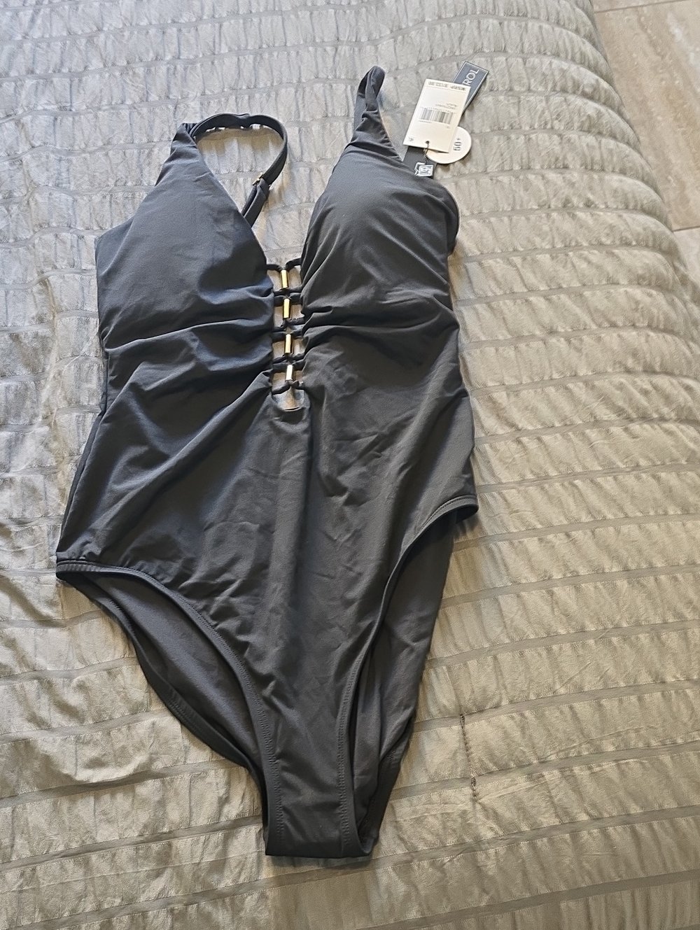 La Blanca Black One-Piece Swimsuit with Front Ring Detail Sz 10 Nwt